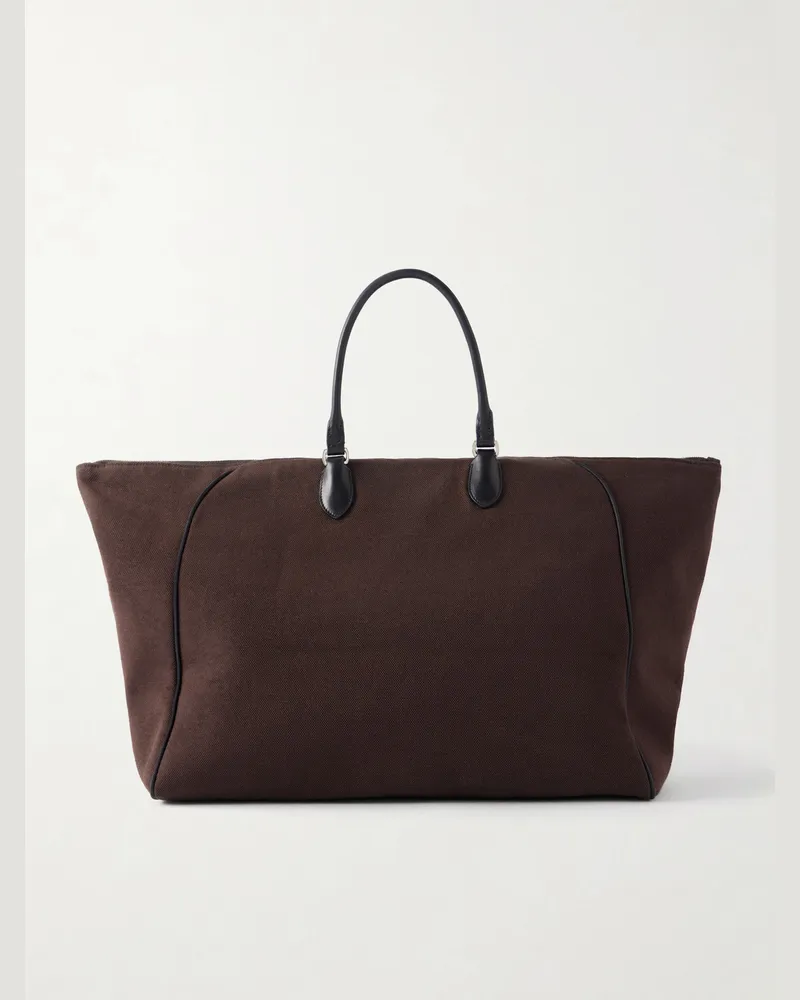 The Row Timo Leather-Trimmed Canvas Tote Bag Brown