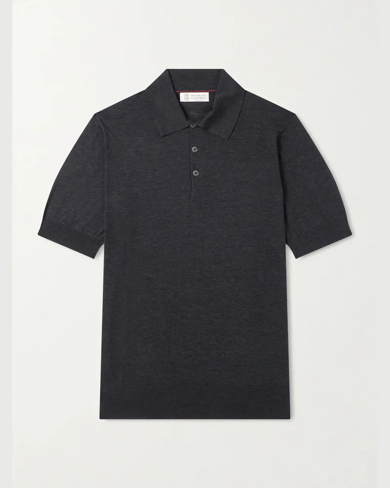 Brunello Cucinelli Schmal geschnittenes Polohemd aus einer Seiden-Baumwollmischung Blau