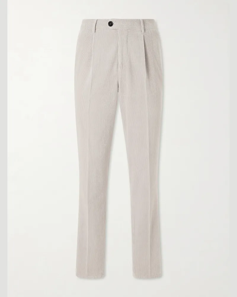 Brunello Cucinelli Tapered Pleated Cotton-Corduroy Trousers Neutrals