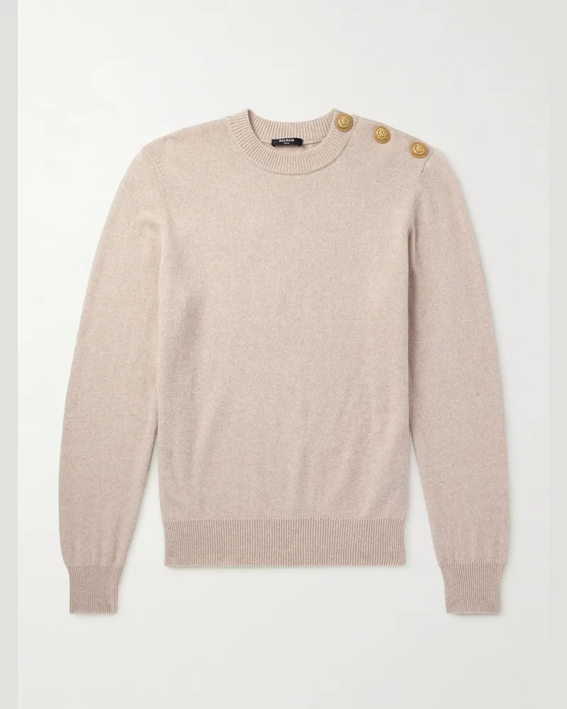 Balmain Button-Embellished Recycled Cashmere and Wool-Blend Sweater Neutrals