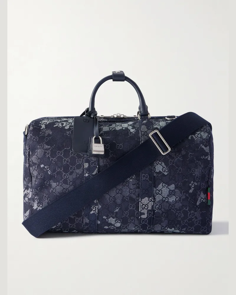 Gucci Bowling-Tasche aus Denim mit Jacquard-Logomuster und Lederbesatz Blau