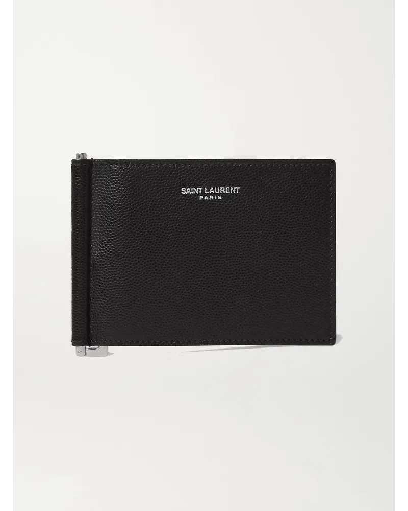 Saint Laurent Pebble-Grain Leather Billfold Wallet with Money Clip Schwarz