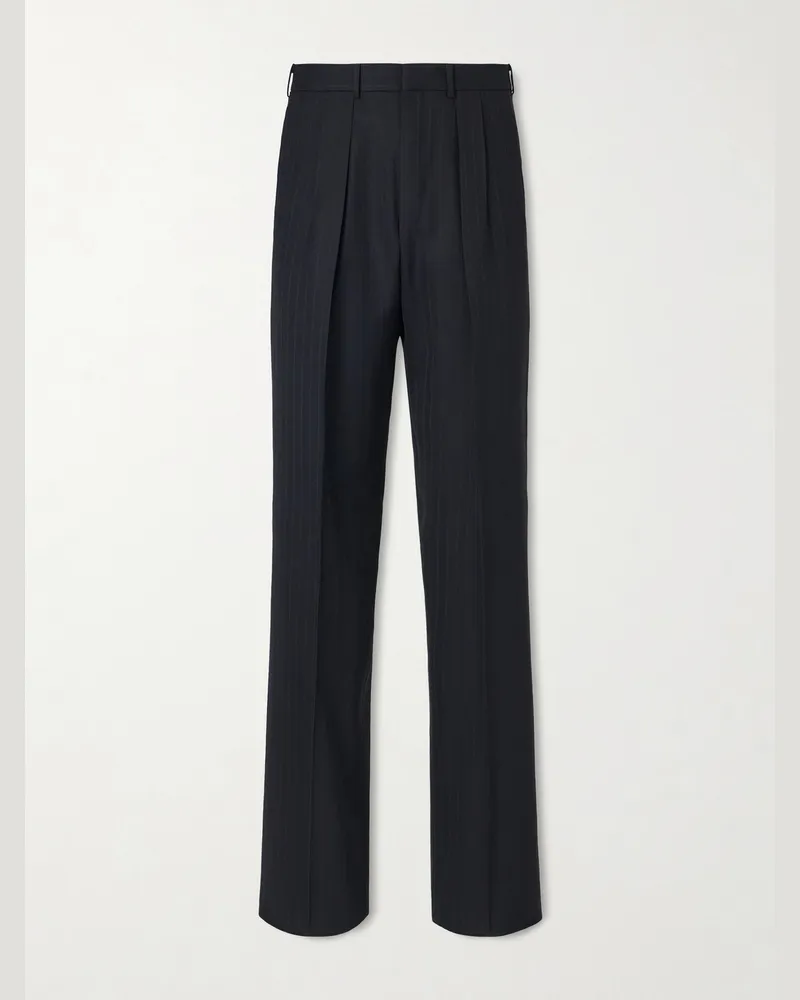 Tom Ford Straight-Leg Pleated Striped Grain de Poudre Wool Trousers Black