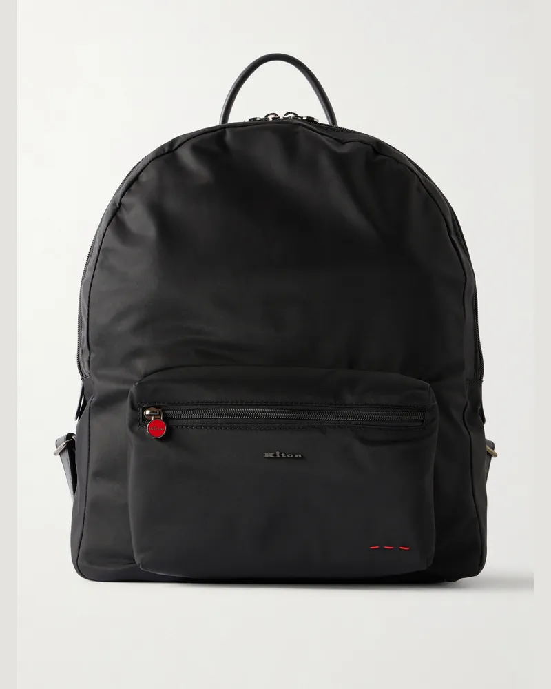Kiton Logo-Appliquéd Leather-Trimmed Shell Backpack Black