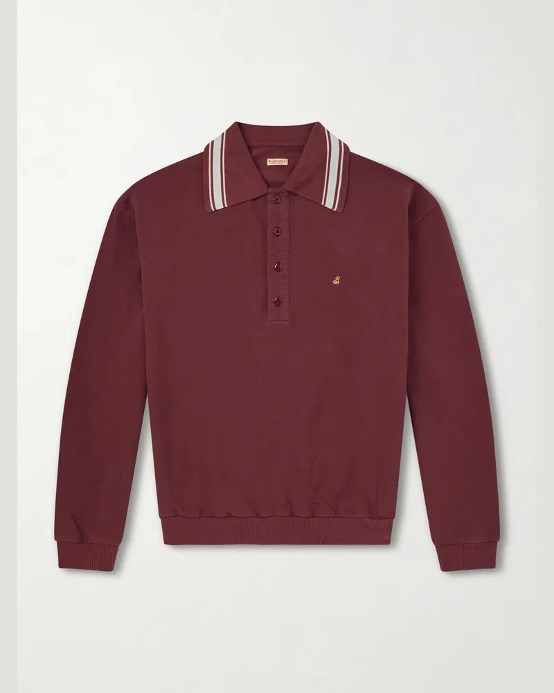 KAPITAL Box Pullover aus Baumwoll-Piqué mit Polokragen, Stickerei und Streifen Burgunder