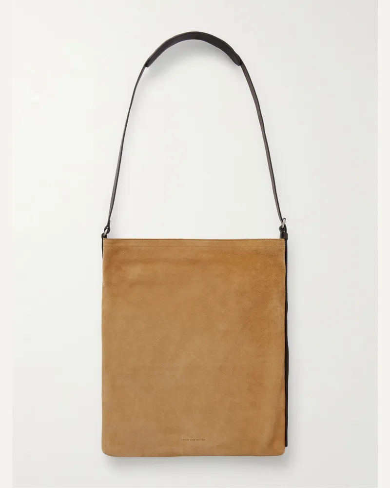Dries van Noten Umhängetasche aus Veloursleder mit Lederbesatz Braun