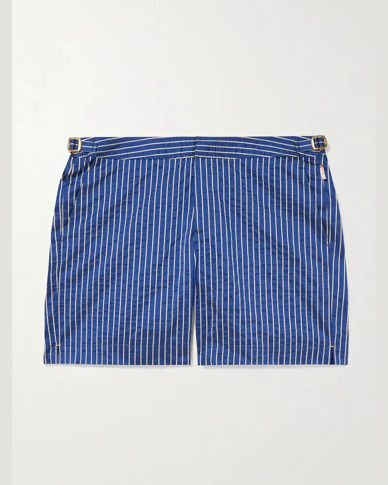 Orlebar Brown Bulldog schmal geschnittene mittellange Badeshorts aus gestreiftem Seersucker Blau