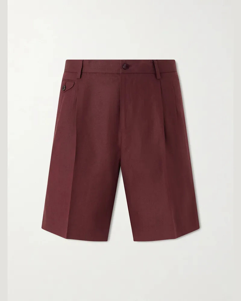 Dolce & Gabbana Maiolica Corallo Straight-Leg Pleated Linen Shorts Burgundy