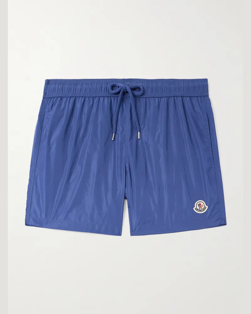 Moncler Gerade geschnittene mittellange Badeshorts mit Streifen und Logoapplikation Blau
