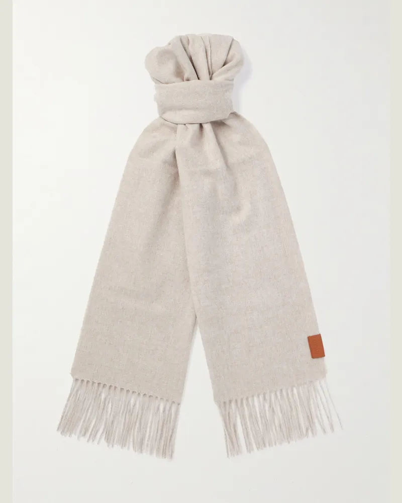 Loewe Logo-Appliquéd Fringed Cashmere Scarf Neutrals