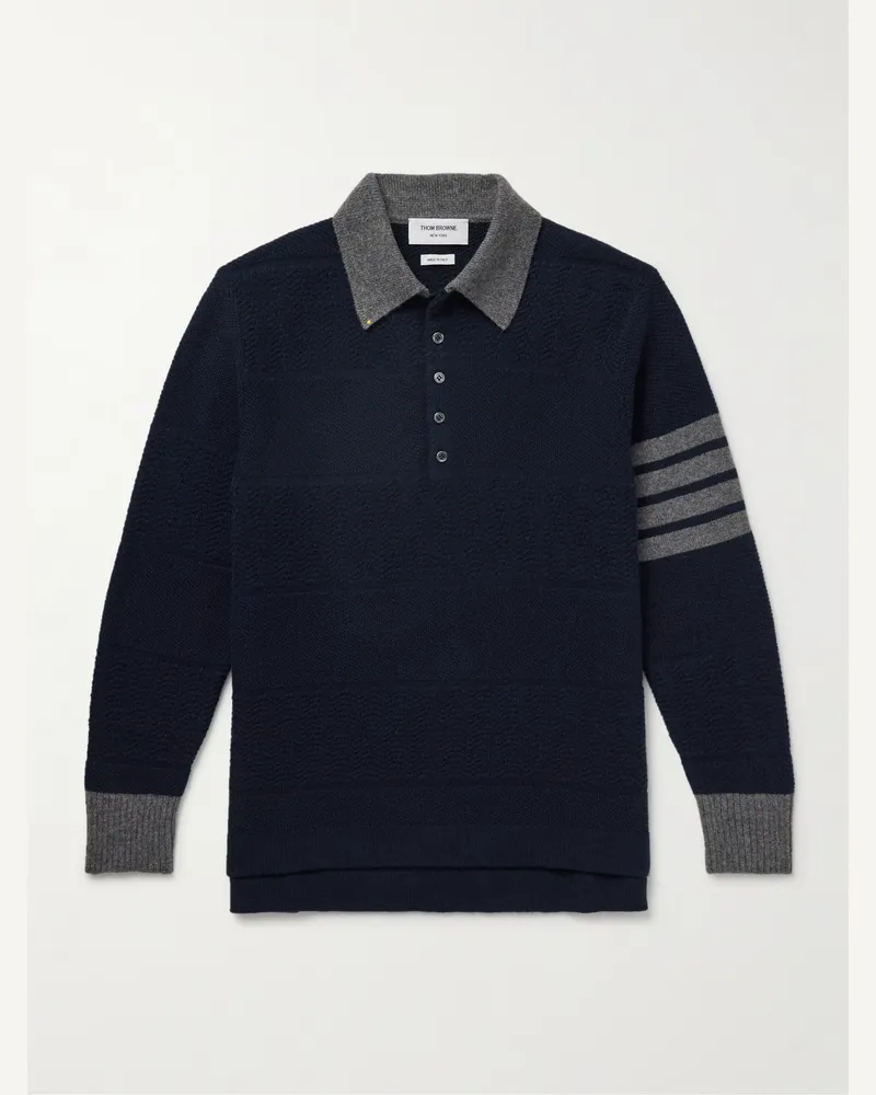 Thom Browne Pullover aus Schurwolle mit Polokragen, Steifen und Fischgratmuster Blau