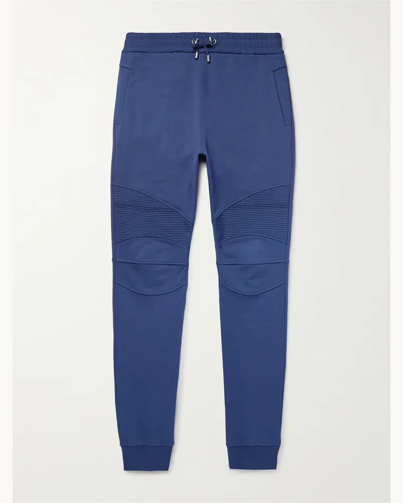 Balmain Tapered Logo-Appliquéd Panelled Cotton-Jersey Sweatpants Blue