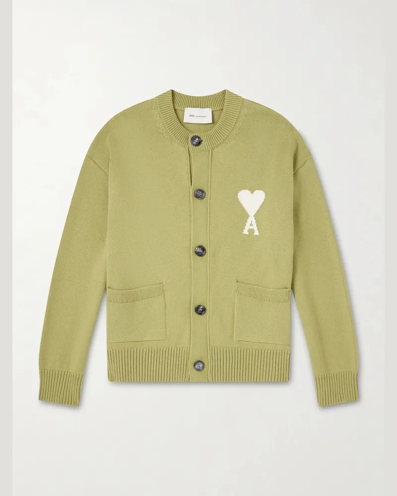 AMI Paris Logo-Intarsia Virgin Wool and Cotton-Blend Cardigan Green