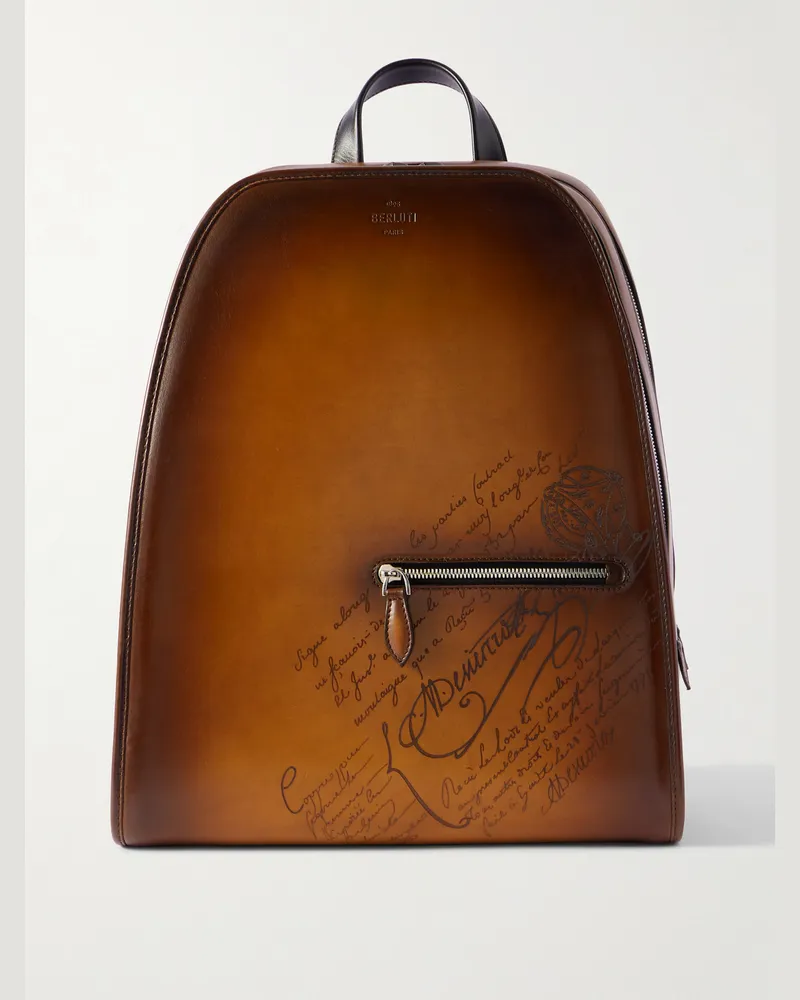 Berluti Working Day Scritto Venezia Leather and Twill Backpack Brown