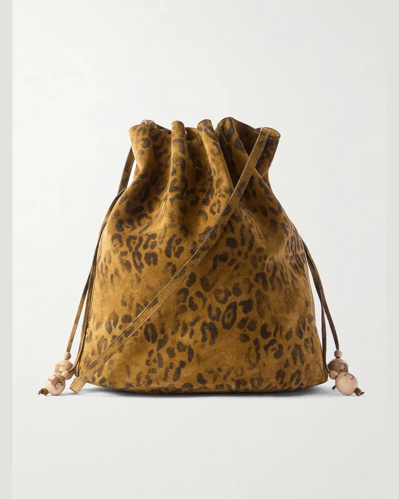 Celine Mittelgroße Beuteltasche aus Veloursleder mit Leopardenprint Braun