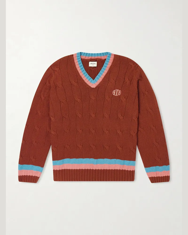 BODE Logo-Embroidered Cable-Knit Cotton Sweater Brown
