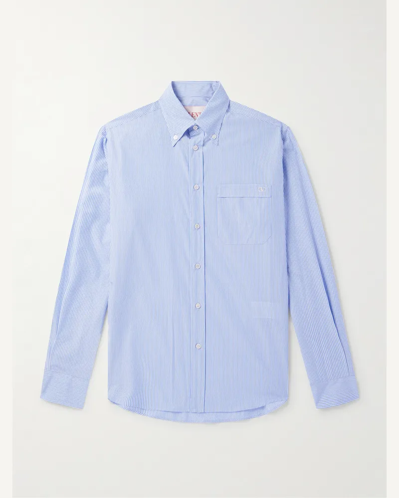 Valentino Garavani Gestreiftes Hemd aus Baumwollpopeline mit Button-Down-Kragen und Logostickerei Blau