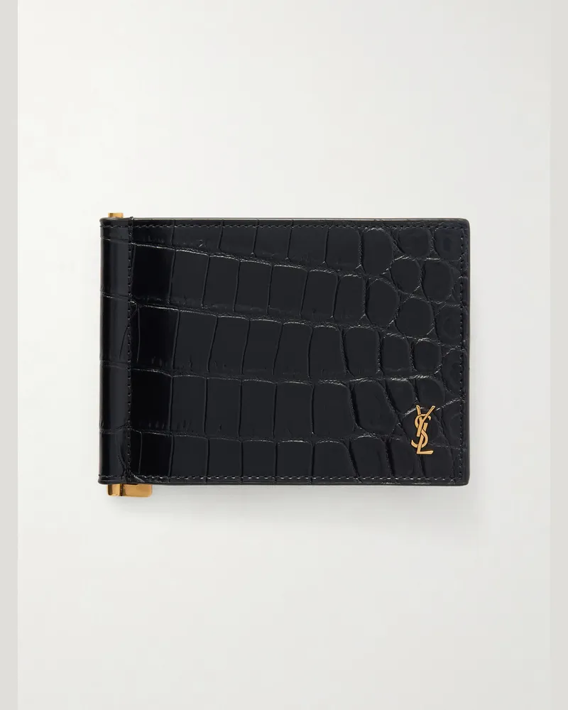 Saint Laurent Aufklappbares Portemonnaie aus Leder mit Krokodileffekt, Geldklammer und Logodetail Schwarz