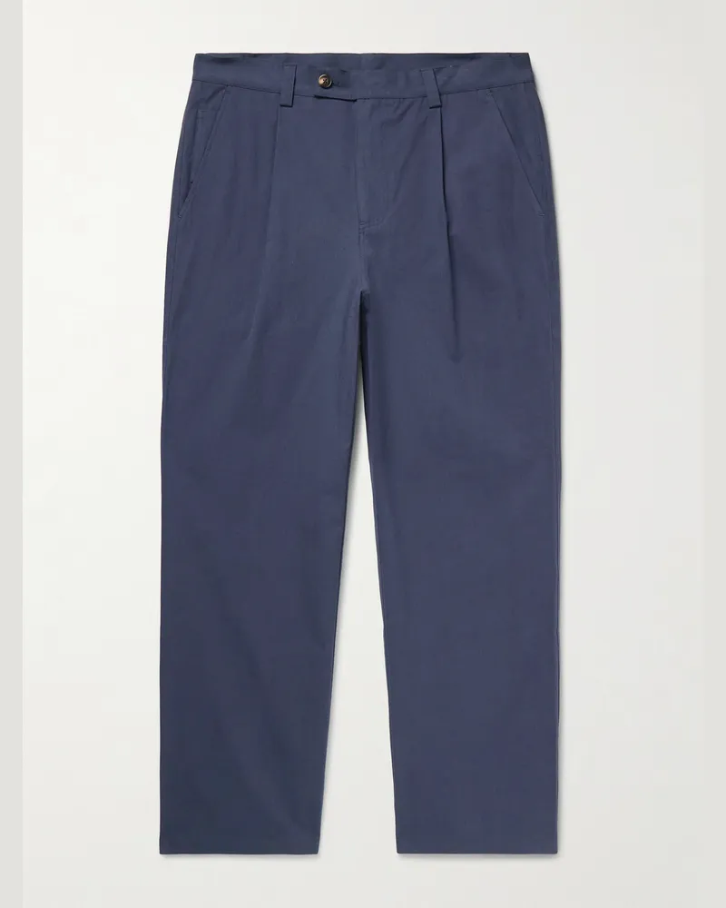 Corridor Straight-Leg Pleated Cotton-Sateen Trousers Blue