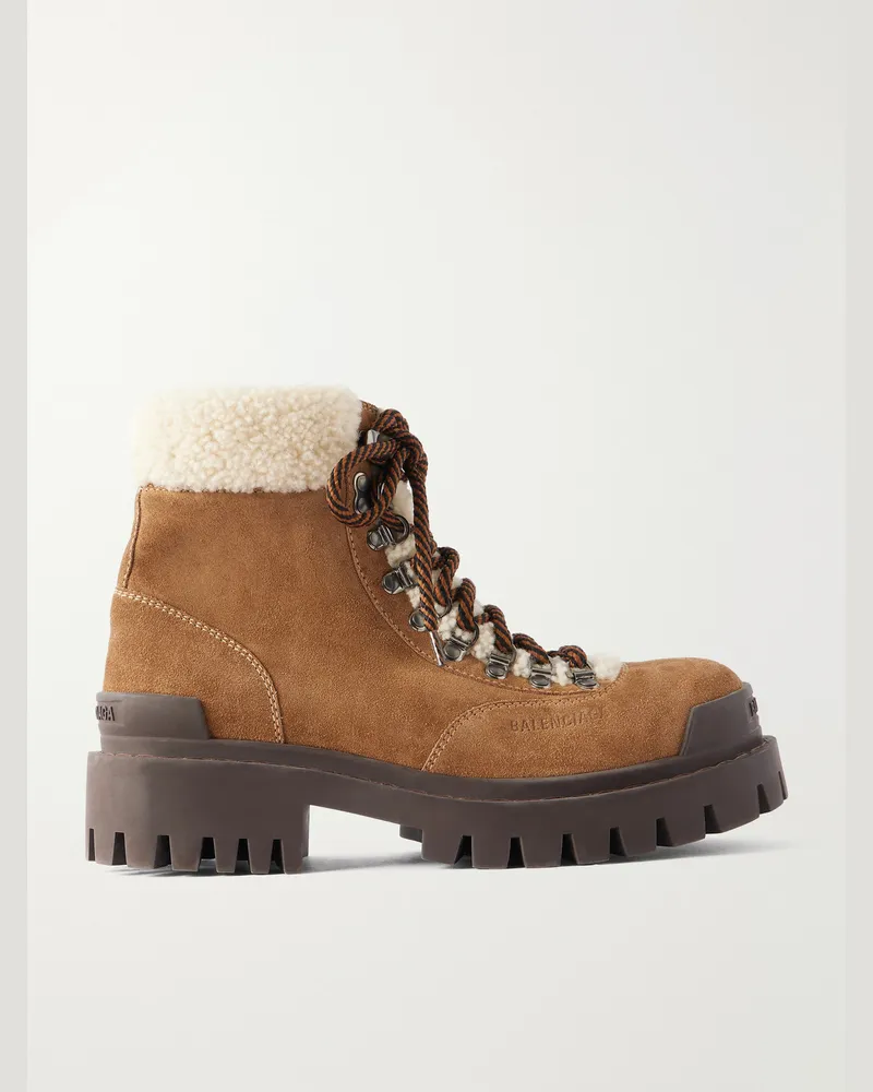 Balenciaga Shearling-Trimmed Suede Boots Brown