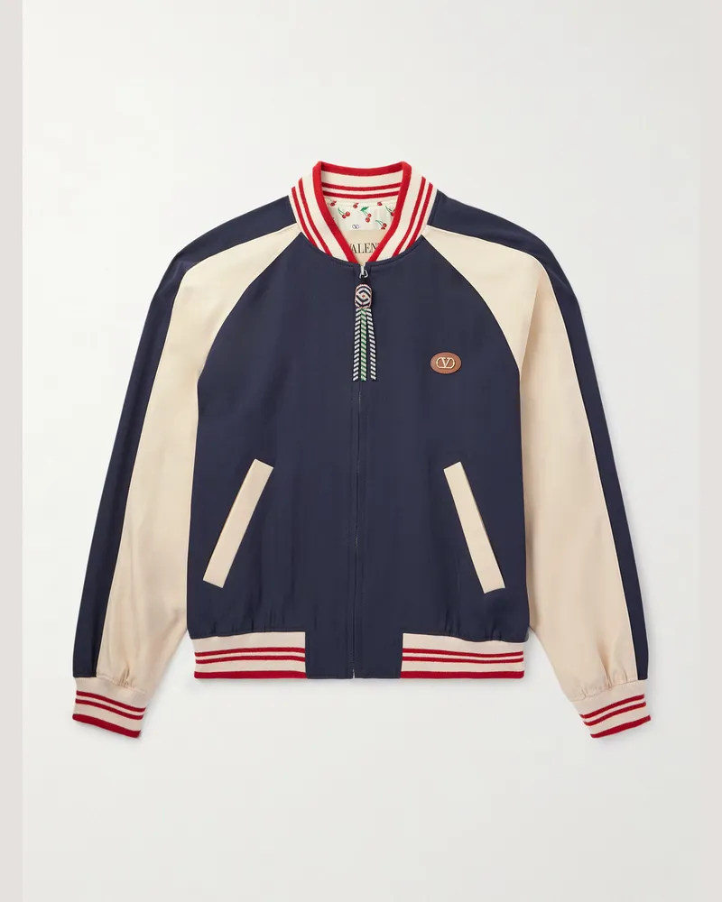 Valentino Garavani Le Chat De La Maison Bomberjacke aus Twill aus einer Schurwoll-Baumwollmischung mit Logoapplikation in Colour-Block-Optik Blau