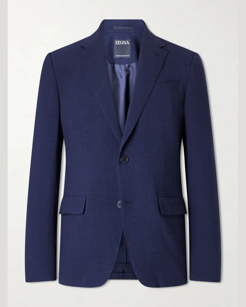 Ermenegildo Zegna Wool, Silk and Linen-Blend Seersucker Jacket Blue