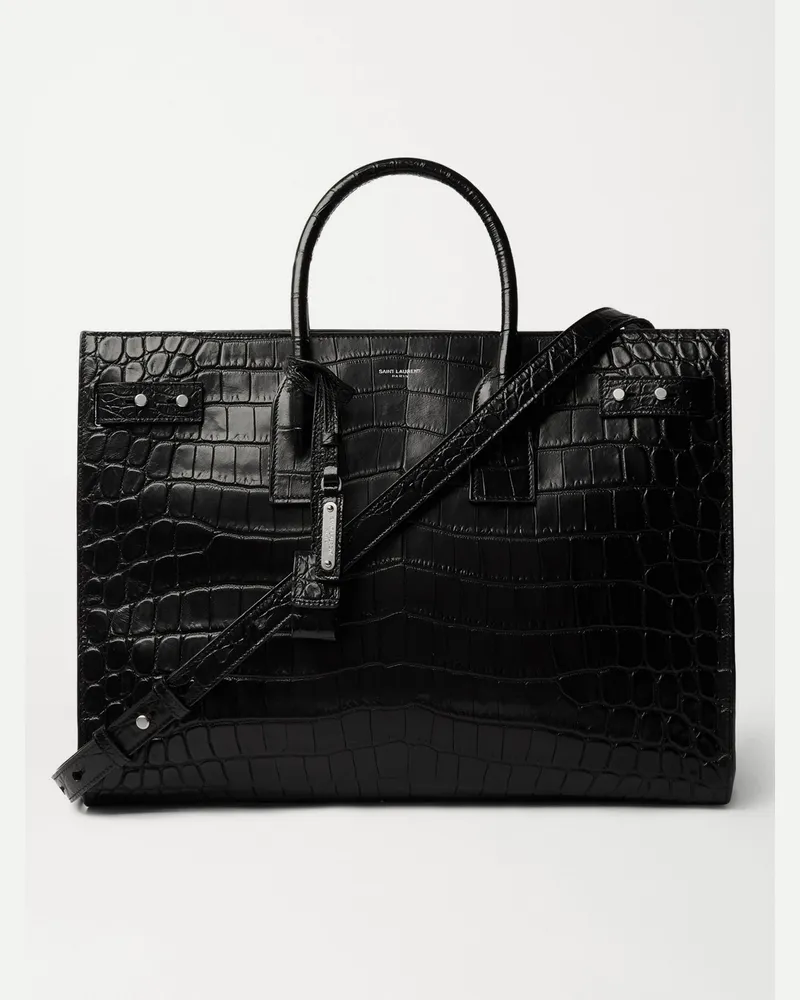 Saint Laurent Croc-Effect Leather Tote Bag Black