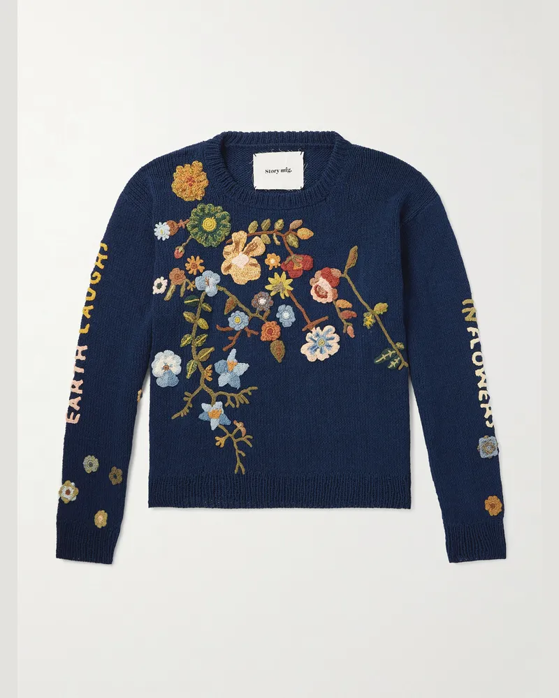 STORY mfg. Verkürzter Pullover aus Biobaumwolle mit Applikationen Blau