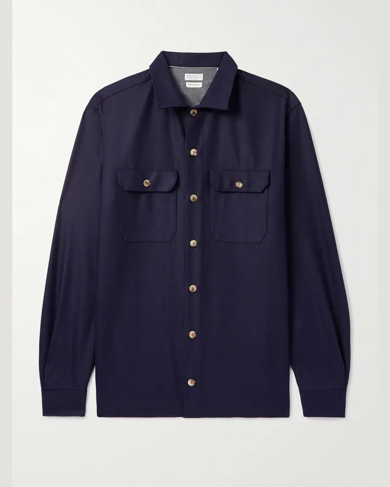 Brunello Cucinelli Hemdjacke aus gebürstetem Woll-Twill Blau