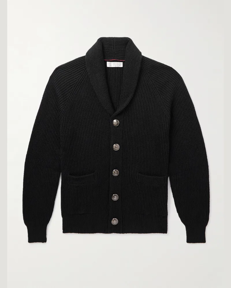 Brunello Cucinelli Cardigan aus Baumwolle in Rippstrick mit Schalkragen Schwarz