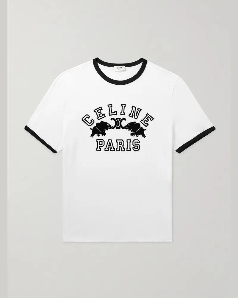 Celine Schmal geschnittenes T-Shirt aus Baumwoll-Jersey mit Logoflockdruck Neutral