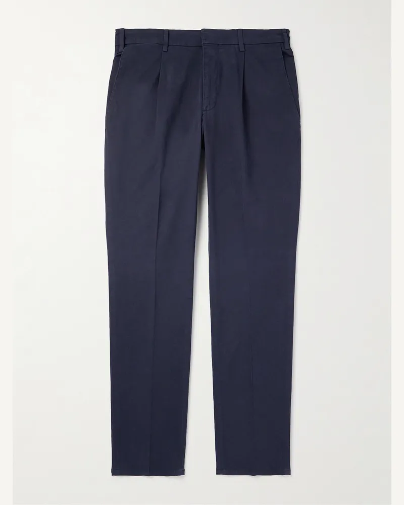 Brioni Pienza gerade geschnittene Hose aus Twill aus einer Baumwollmischung mit Falten Blau