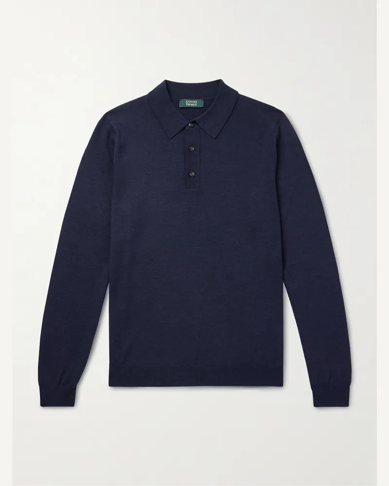 Incotex Pullover aus einer Wollmischung mit Polokragen Blau