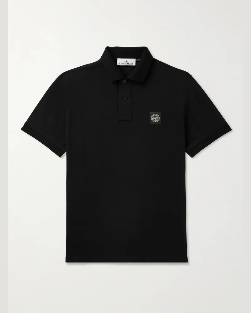 Stone Island Logo-Appliquéd Cotton-Blend Piqué Polo Shirt Black