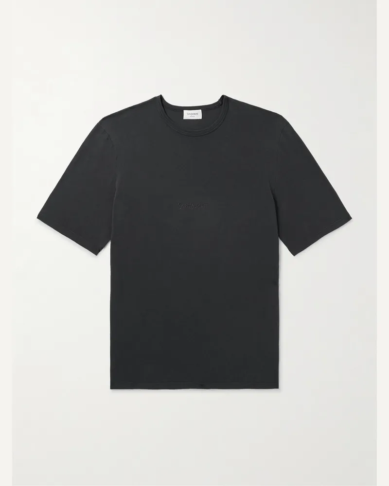 Saint Laurent Logo-Embroidered Cotton-Jersey T-Shirt Black