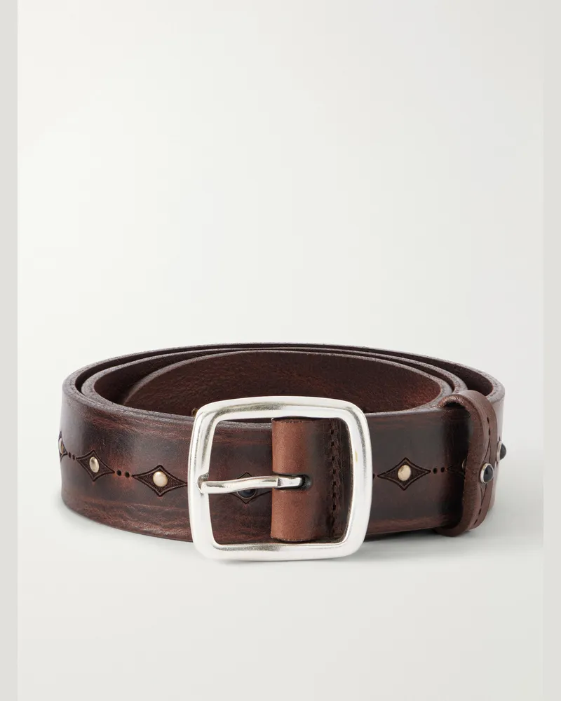 Anderson's 4cm Embellished Studded Burnished-Leather Belt Brown