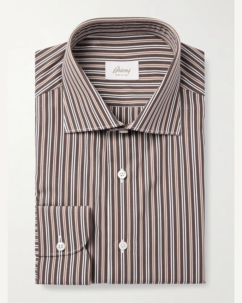 Brioni Hemd aus gestreifter Baumwollpopeline mit Cutaway-Kragen Braun