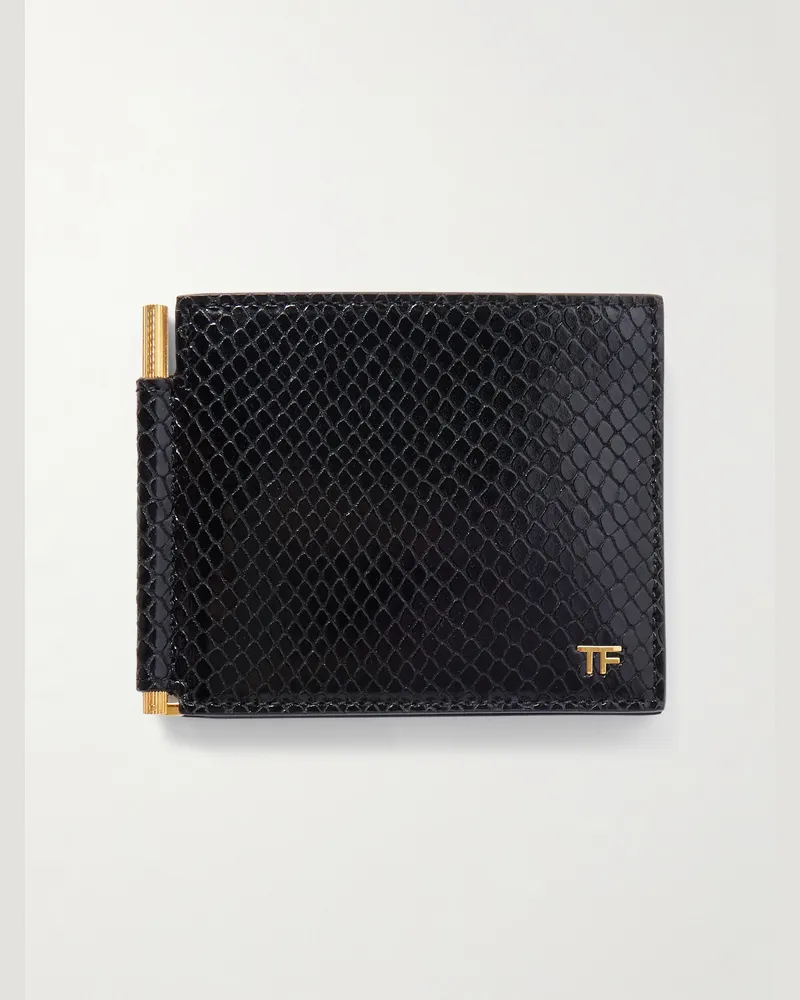 Tom Ford Aufklappbares Portemonnaie aus Leder mit Schlangeneffekt Schwarz