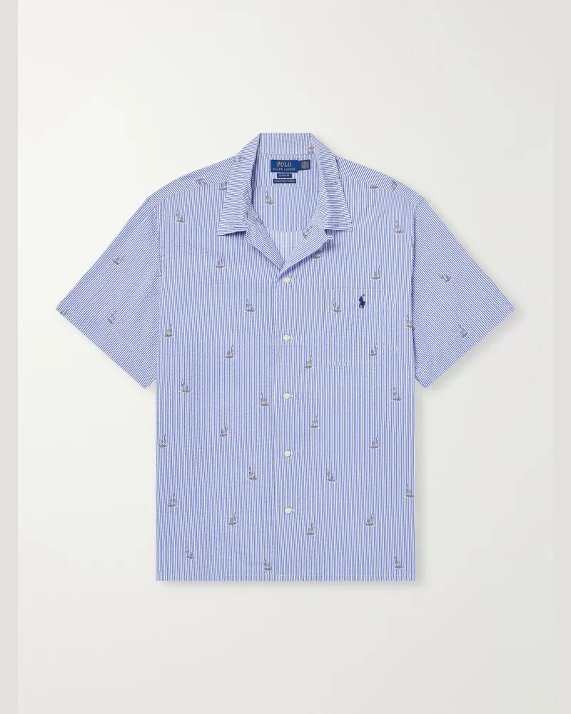 Ralph Lauren Logo-Embroidered Striped Printed Cotton-Seersucker Shirt Blue