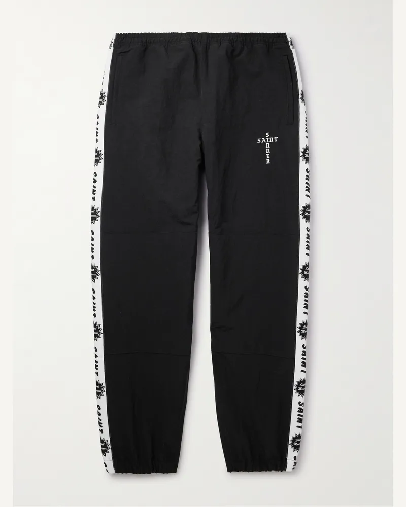 SAINT MXXXXXX Tapered Logo-Embroidered Striped Nylon-Twill Track Pants Black