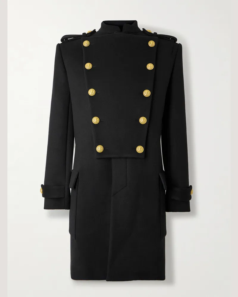 Balmain Double-Breasted Embellished Wool and Cashmere-Blend Coat Black