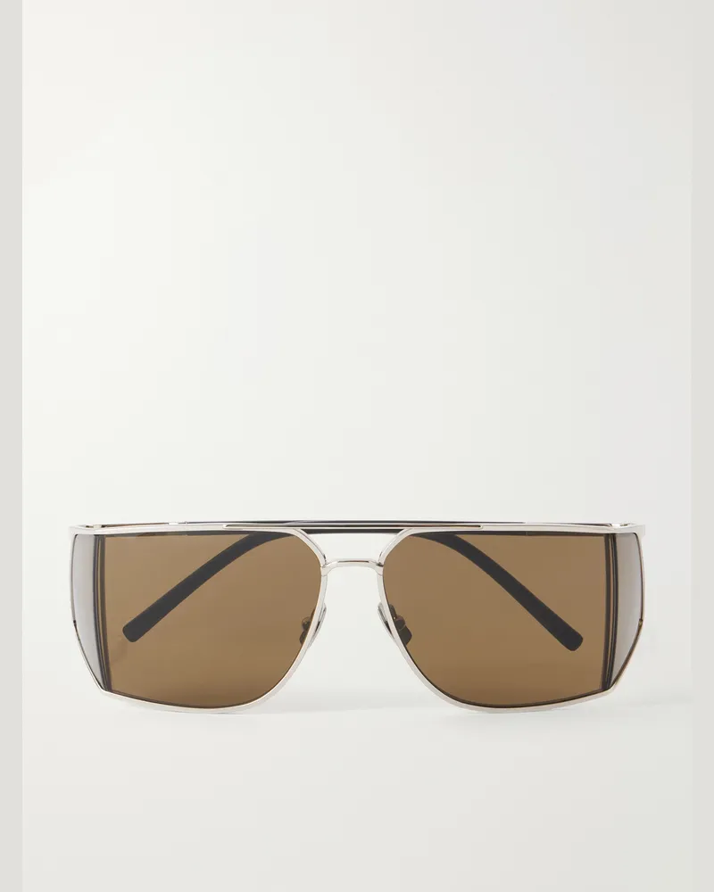 Saint Laurent SL 750 Double-Bridge Mask Aviator-Style Silver-Tone Metal Sunglasses Silver
