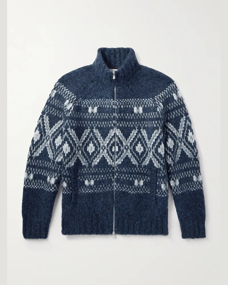 Brunello Cucinelli Cardigan aus Jacquard-Strick aus einer Alpakawollmischung mit Fair-Isle-Muster und Reißverschluss Blau