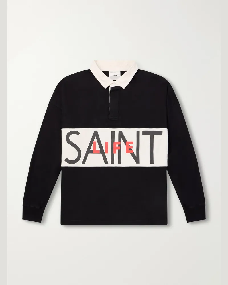 SAINT MXXXXXX Saint Life Printed Cotton-Jersey Polo Shirt Black