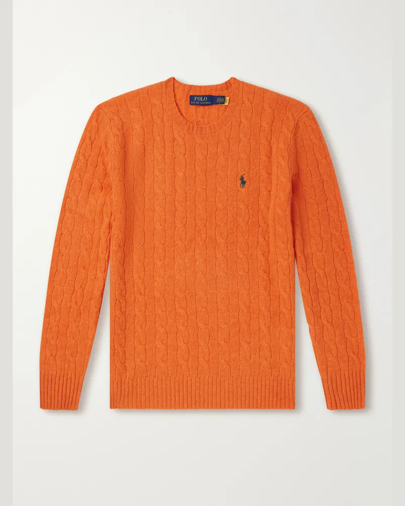Ralph Lauren Logo-Embroidered Cable-Knit Wool and Cashmere-Blend Sweater Orange