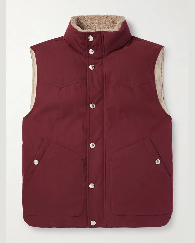 Brunello Cucinelli Daunenweste aus Twill aus einer Baumwollmischung mit Shearling-Besatz Burgunder