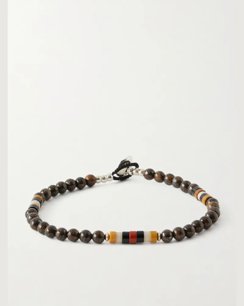 Mikia Sterling Silver Bronzite and Jasper Beaded Bracelet Brown