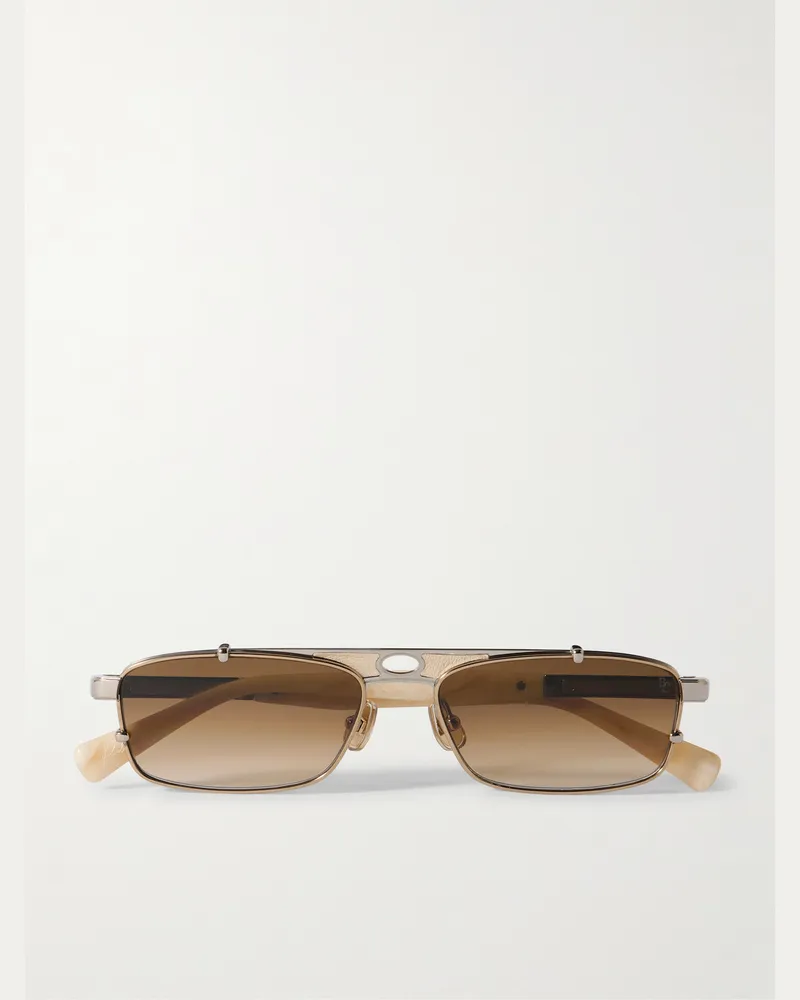 Brunello Cucinelli Goldfarbene Sonnenbrille mit eckigem Rahmen und Lederbesatz Gold