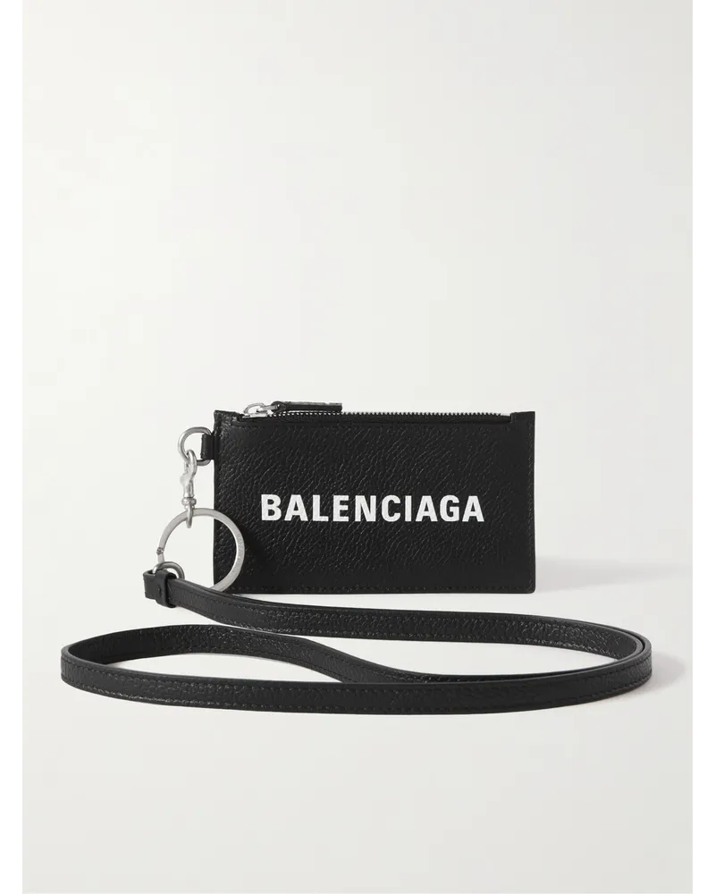 Balenciaga Kartenetui aus vollnarbigem Leder mit Logoprint und Schlüsselband Schwarz