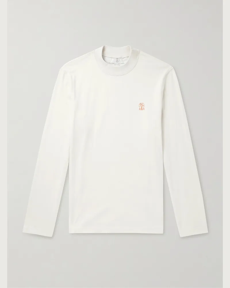 Brunello Cucinelli Oberteil aus Baumwoll-Jersey mit Stehkragen und Logoprint Weiß